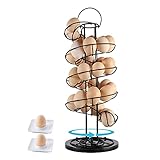 Rotating Modern Spiraling Design Egg Skelter with 2 Pcs Ceramic Egg Cups Holder,Stable Base Egg Dispenser Rack,Large Capacity Egg Storage Organizer Display Holder for Raw/Soft Hard Boiled Egg,Black
