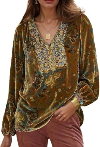 Women Long Sleeve V Neck Boho Embroidered Floral Print Velvet Shirt-Elegant Vintage Oversized Loose Tunic Blouse Fall Tops (Yellow,M)