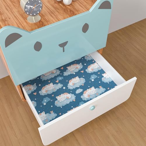 CHIHUT Whimsical Sleeping Cat Peel and Stick Wallpaper Dreamy Navy Blue Clouds Stars Wallpaper Wall Mural for Kids Room Nursery Bedroom 17.7"x236" Self Adhesive Removable Kitten Contact Paper by CHIHUT - Used condition - Image 4