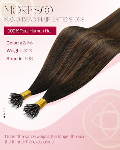Image of Moresoo Nano Bead Hair Extensions Human Hair, Brown Chestnut Ombre, 24 Inch | 50g 50 strands, extra-long straight length, individual bead placement for summer travel, salon looks and fashion styling
