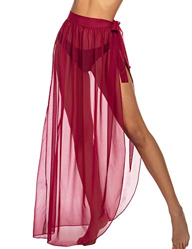 ADOME Summer Beach Cover Up Chiffon Sarong High Waist Bikini Warp Skirt Sexy Swimsuit Pareo Swimwear Coverups Red X-Large