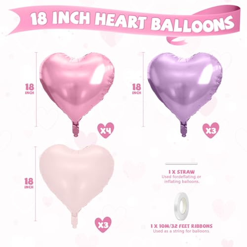 Image of Pink Purple Heart Balloons, 10 Pcs Light Pink and Purple Heart Shaped Balloon, 18 Inch Pastel Foil Balloons for Girls Women Butterfly Brithday Bridal Baby Shower Wedding Valentines Party Decoration
