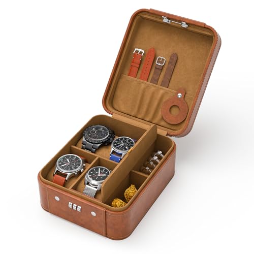 BugyKido Uhrenbox mit 4 Fächern, Zahlenschloss Watch Box, PU-Leder Uhrenaufbewahrung für Herren und Madame, Uhrenetui Tragbarer Reise für Ringe und Ohrringe, Kompatibel mit AirTags BugyKido Uhrenbox mit 4 Fächern, Zahlenschloss Watch Box, PU-Leder Uhrenaufbewahrung für Herren und Madame, Uhrenetui Tragbarer Reise für Ringe und Ohrringe, Kompatibel mit AirTags