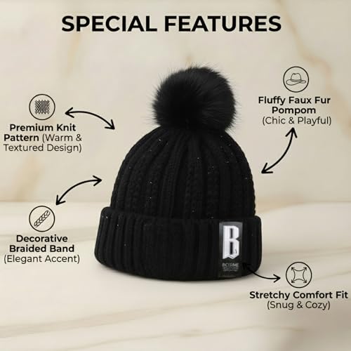 Image of Kraptick Women's Winter Cap - Knit Beanie with Soft Fleece Lining Hat, Stylish Pom Pom Thick Woollen Skull Cap, Warm Hat for Ladies & Girls -3