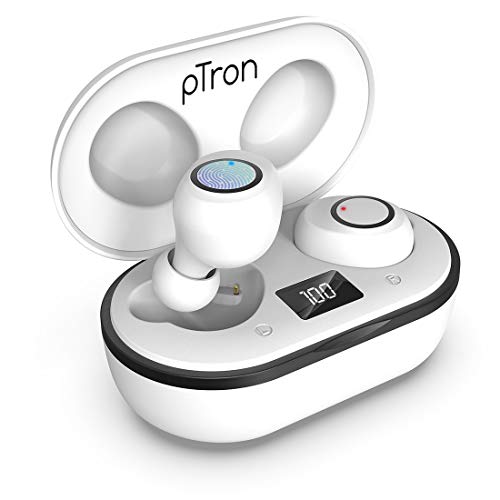 Image of pTron Bassbuds Jets True Wireless Bluetooth 5.0 in-Ear Headphones,20Hrs Total Playback with Case,Deep Bass,Touch Control,Ipx4 Water Resistant,Voice Assistant,Built-in Mic & Digital Display (White)