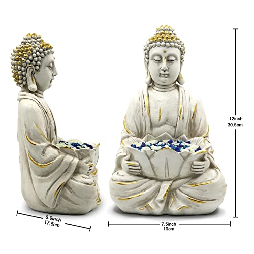 Goodeco Meditating Buddha Statue Sculpture - Outdoor Sitting Sculpture Decoration,Marble Finish With Lotus And Magical Glow In The Dark Pebbles And Glass Stones,Gift Idea,White Color (12 Inch) #TOP2
