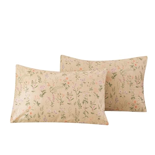 Image of ECOCOTT Floral Pillowcases Standard Size Set of 2, 100% Washed Cotton Pillow Cases with Envelope Closure, Beige Botanical Wildflower Printed Pillow Covers for Cottagecore Farmhouse Bedroom Decor