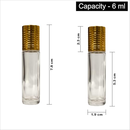 Image of by Riza Fragrance 6ml Refillable Roll-On Attar Bottle | Leakproof Clear Glass Empty Bottle with Plastic Roller & Golden Cap for Perfumes, Essential Oils, Lip Balm, etc. (24 pcs)