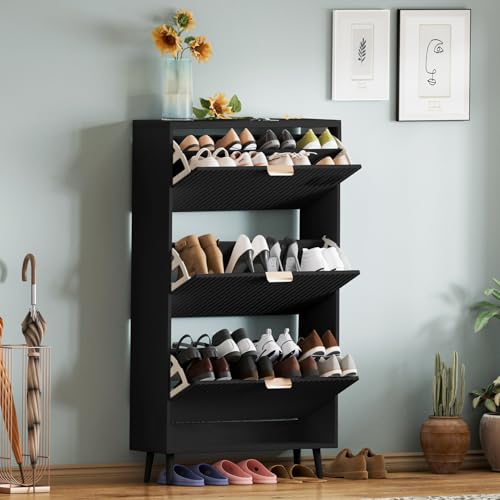 Image of Shoe Cabinet Storage,Modern Freestanding Organizer with 3 Flip Drawers,Narrow Shoe Rack Cabinet for Entryway,Black