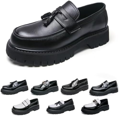 Men's Fashion Black and White Two Tone Chunky Platform Penny Loafers Classic Slip-On Lug Sole Business Work Dress Shoes Daily Non-Slip Shock Absorbing Casual Shoes Large Size 5.5-14