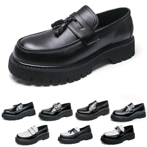 Men's Fashion Black and White Two Tone Chunky Platform Penny Loafers Classic Slip-On Lug Sole Business Work Dress Shoes Daily Non-Slip Shock Absorbing Casual Shoes Large Size 5.5-14 (Black-A-1,11)