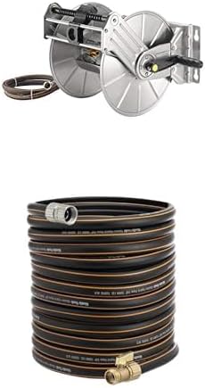 Giraffe Tools Wall/Floor Mounted Stainless Steel Garden Hose Reel Retractable Heavy Duty with Crank,150-Feet 5/8" Hose Capacity+Giraffe Tools Hybrid Garden Hose 75ft x 5/8", Female and male Fittings