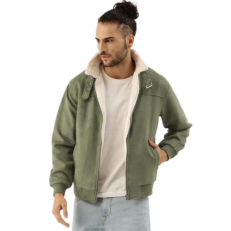 Campus Sutra Men's Fur-Lined Suede Bomber Jacket For Casual Wear ...