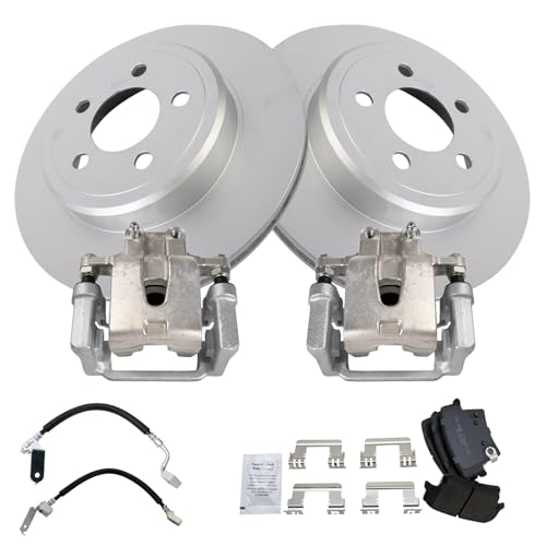 Image of TRQ Rear Brake Pad and Rotor Set Semi Metallic Coated Rotors Calipers Compatible with 2014 Chrysler 300 2013-2014 Dodge Challenger 2006 Charger