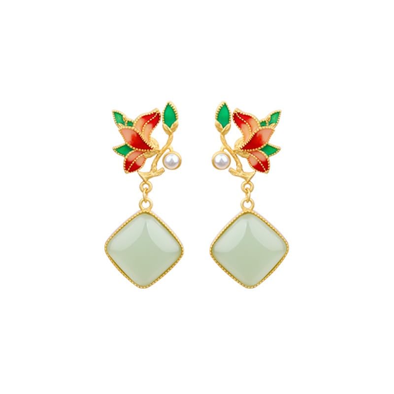Boucles d'oreilles pendantes pour femmes en pierre blanche et crochet floral plaqué or 24 carats