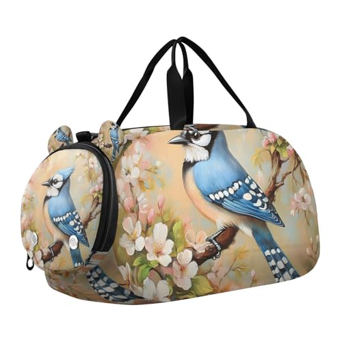 Duffle Bag for Boys or Girls with Shoes Compartment, Flowers Blue Bird Sports Travel Bag Overnight