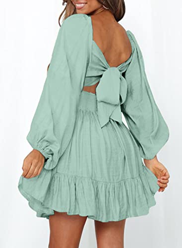 Image of Dokotoo Womens Dress Lantern Sleeve Elastic Waist Tie Backless Mini Dress | Square Neck,Off Shoulder,Flowy,Ruffle A-Line,Casual,Mini Dress,Beach Vacation Clothes,Fall Outifits,Wedding Guest,Boho