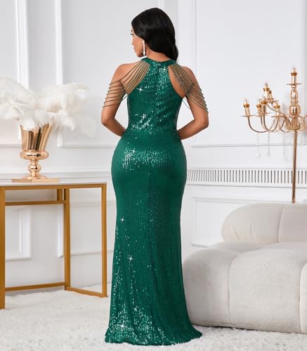 Image of Cololura Women Sexy Elegant Sequin Tassel Off Shoulder Halter Bodycon Maxi Dress Party Evening Gown Formal Dress