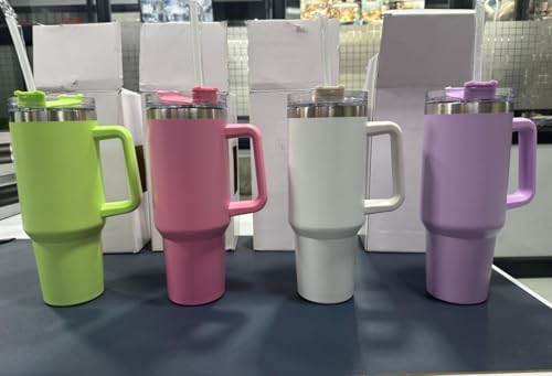 Image of Tumbler with Handle and Straw, Pink Insulated Travel Mug Iced Coffee Cup, Reusable Stainless Steel Insulated Water Bottle, Keeps Drinks Cold