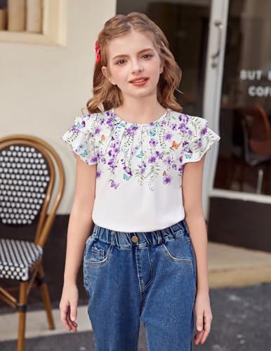 Image of Arshiner Girls T Shirts Ruffle Short Sleeve Summer Pleated Crewneck Casual Tops Tees Blouses