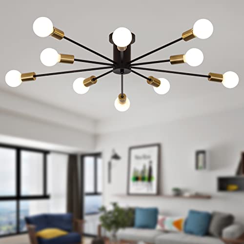 JIINOO Plafoniera moderna Sputnik, 10 luci Sputnik Sputnik Industrial Chandelier Plafoniera semi-incasso per soggiorno Cucina Camera da letto Agriturismo Sala da pranzo (nero + oro)