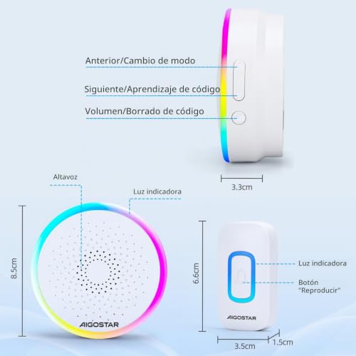 Miniatura 4 de Aigostar Timbre Inalámbrico Rgb, Timbre Inalámbrico Exterior Impermeable, Ip55, 5 Niveles De Volumen 0-120db Y 60 Melodías, Timbre Para Ancianos, Casa, Oficina, Blanco 2 Receptor Y 1 Transmisor