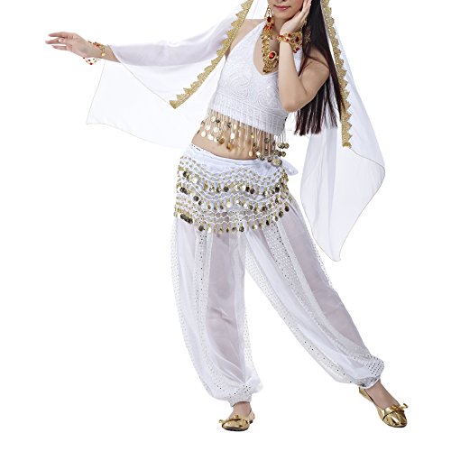Bellylady Belly Dance Hip Scarf 158 Gold Coins Dance Skirt-White #TOP5