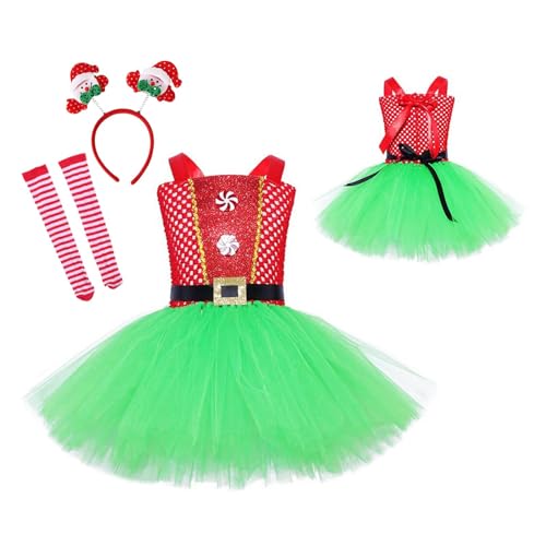 Vestido de Papá Noel para niñas, disfraz de Navidad rojo y verde con calcetines para el pelo, disfraz de Papá Noel para Navidad, carnaval, vida diaria