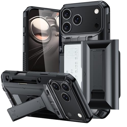 for iPhone 17 Pro Max �P�[�X �ϏՌ� �J�[�h���[ 3~4�� �X�^���h�@�\�t�� �����Y�ی� �����h�~ TPU+PC��d�\�� �u���b�N