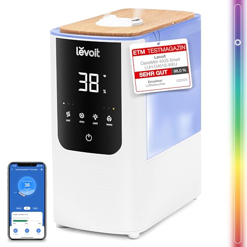 Levoit Smart Luftbefeuchter für große Räume, Top-Fill Humidifier, Warm&Kalter Nebel max 550 ml/h, bis 40㎡, leise Raumbefeuchter mit Nachtlicht für Pflanzen, Auto Shut-off, 4,5 L, Mondweiß