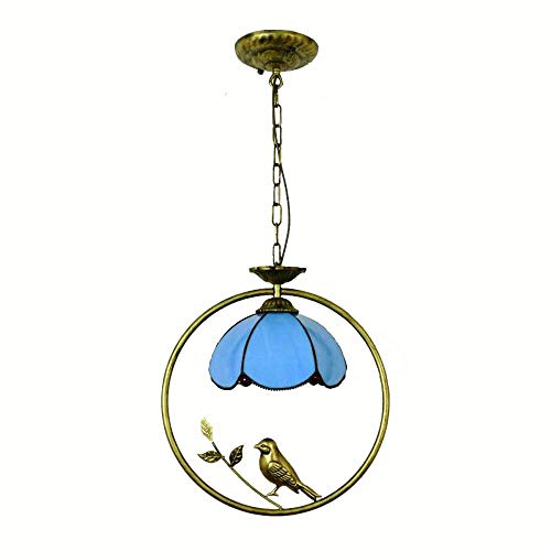 Suspension Tiffany motif oiseau en cercle | Luminaire bleu poésie de la nature