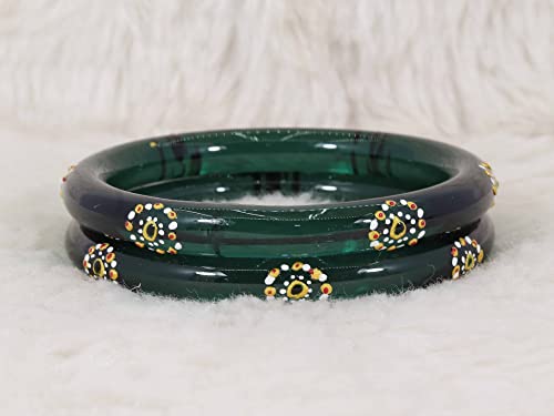 Image of NMII Traditional Glass With Diamond Cutting Pattern Glossy Finished Stylish Kada Set For Women And Girls | Crystal Glass Kada Bangles Set For Wedding, Festive