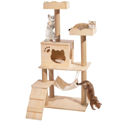 Zooland Torre para gatos de interior, casa de varios pisos con plataforma de sisal, árbol de escalada perfecto para juegos de mascotas, diversión, tranquilidad, rascarse (color madera, 60 x 40 x 135