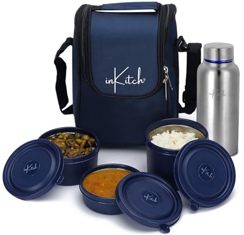 Image of Microwave Safe Lunch Box Set with Bag | 3 Stainless Steel Inner Containers & 1 Steel Bottle | Leakproof Tiffin Box for Office, College, School | Durable, Easy to Carry, Blue