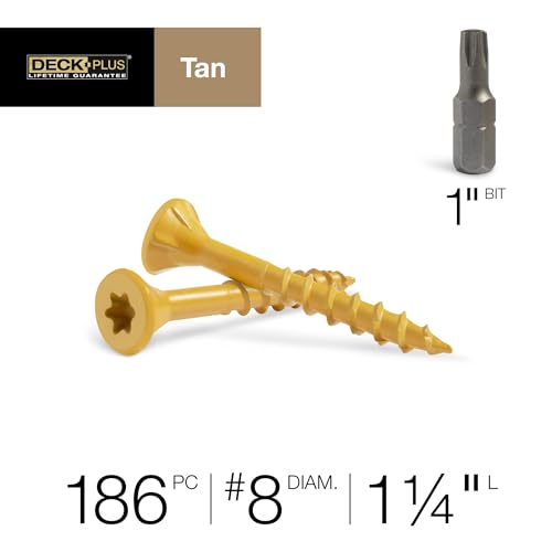 Image of Deck Plus 1-1 /4 Inch Epoxy Coated Exterior Wood and Fence Screws #8 x 1-1 /4 inch Torx /Star Drive Included Coarse Thread, Outdoor Rust Resistant Decking Screw, Tan, 1lb Box, 3500 Pieces | 48410