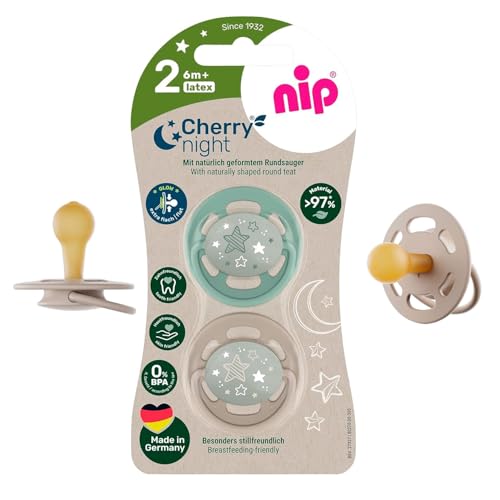 NIP Cherry NIGHT 6 + Rundsauger Schnuller Leuchtschnuller, CHERRY NIGHT 6-36 Monate, Knopf leuchtet langanhaltend im Dunkeln, HAUTFREUNDLICH, NACHHALTIG, 2er Pack UNISEX Babies