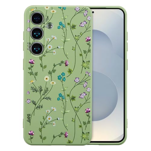 RALEAVO Flower Case for Samsung Galaxy S24 Liquid Silicone Shockproof Protection Cover for Girls Women with Aesthetic Cute Floral Soft Slim Phone Case for Samsung S24 5G-Green/Branch