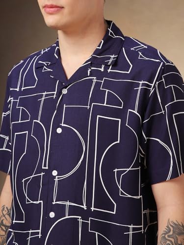 Image of Dennis Lingo Men Blue Printed Viscose Relaxed Fit Half Sleeve Shirts