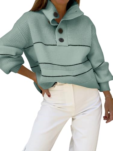 Image of chouyatou Women's Slouchy Waffle Knit Sweater 1 /2 Button Polo Collared Pullover Striped Sweater Tops