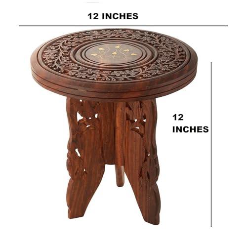 SUN HANDICRAFT – Indian Antique Round Accent Table | Solid Sheesham Wood End Table |Furniture for Living Room, Bedroom, Home, Office, Top, 3-Leg Folding Base, Traditional Design (12X12 Inches)