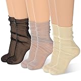 Brand 3 Pairs Women's Sheer Glitter Socks - Tulle Decorated, Mesh Lace, Sparkle Slouch Ankle Ruffle Socks for Women & Girls Dress