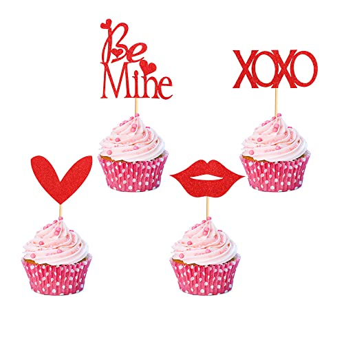 Arthsdite 24Pcs Valentine's Day Cupcake Toppers Be Mine Heart Xoxo Sexy Lips Cupcake Picks For Wedding Engagement Valentine's Party Decoration Supplies-Red Glitter #TOP23