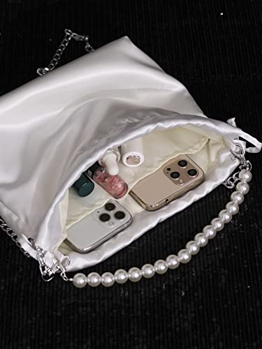 Verdusa Women's Satin Evening Bag Pearl Drawstring Handbag Clutch Purse White One-Size #TOP3