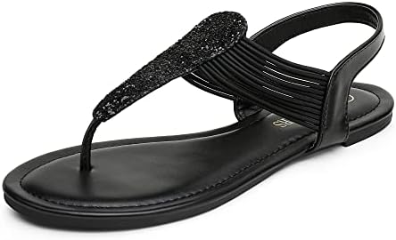 DREAM PAIRS Spparkly Women's Elastic Strappy String Thong Ankle Strap Summer Gladiator Sandals Black Size 10