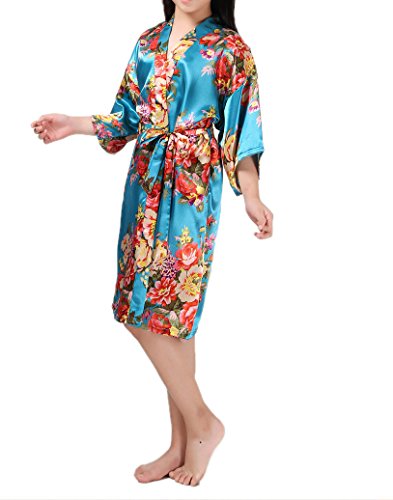 Lesimsam Kid Girls Stain Kimono Peacock Flower Robe Bathrobe Nightgown for Spa Party Wedding Birthday (Size 6(3-5T), Lake Blue)