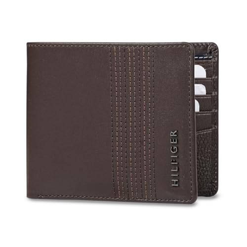 Image of Tommy Hilfiger Men's Leather Wallet Pocos | Brown Solid Passcase Bi-Fold with 12 Card Slots | Stylish Purse for Gents
