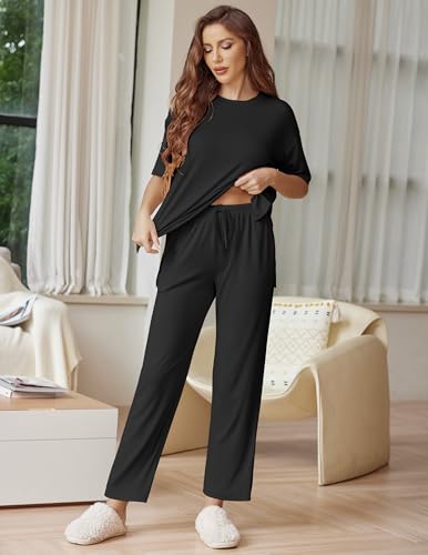 Ekouaer Lounge Sets for Women Short Sleeve Tops and Long Pants Soft Comfy Pajamas Set 2 Piece Outfits,Black,L - Thumbnail 4