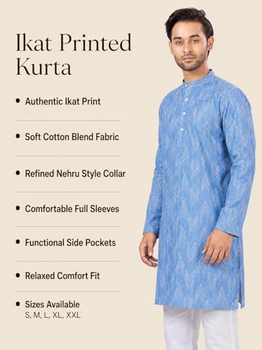 Image of Studio Shringaar Men's Cotton Blend Relaxed Fit Ikat Printed Knee Length Kurta