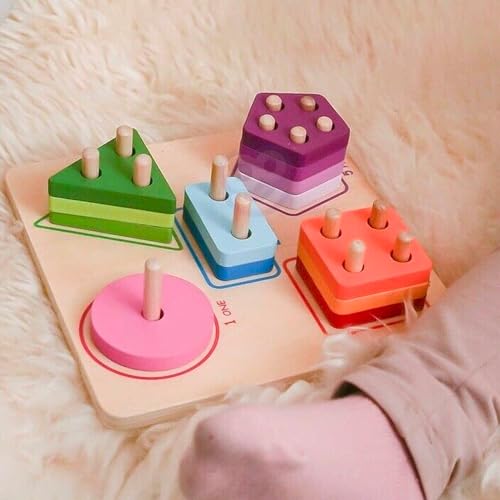 Image of Tooky Toy Wooden Geometric Block Sorter in Red for Kids