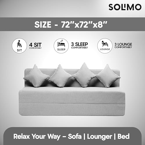 Image of Amazon Brand - Solimo 4 Seater 6 * 6 Jute Fabric Washable Cover Sofa Cum Bed with 4 Cushions 4 Seater Double Foam Fold Out Sofa Cum Bed (Finish Color - Light Grey Delivery Condition - Pre-Assembled)